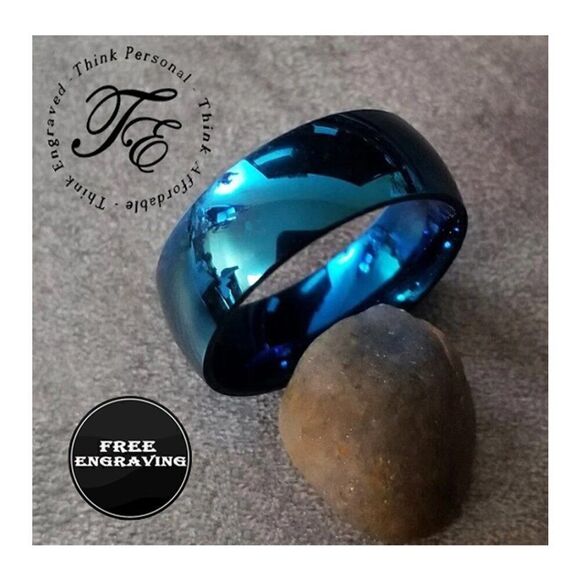 Personalized Engraved Men's Blue Ring  Band - Engraved Ring For Guys - Picture 1 of 6